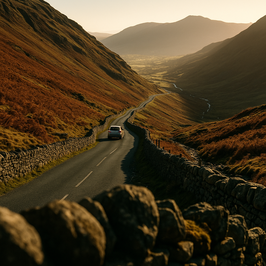 A car climbing a steep Lake District driving route for enthusiasts through autumn fells at dawn