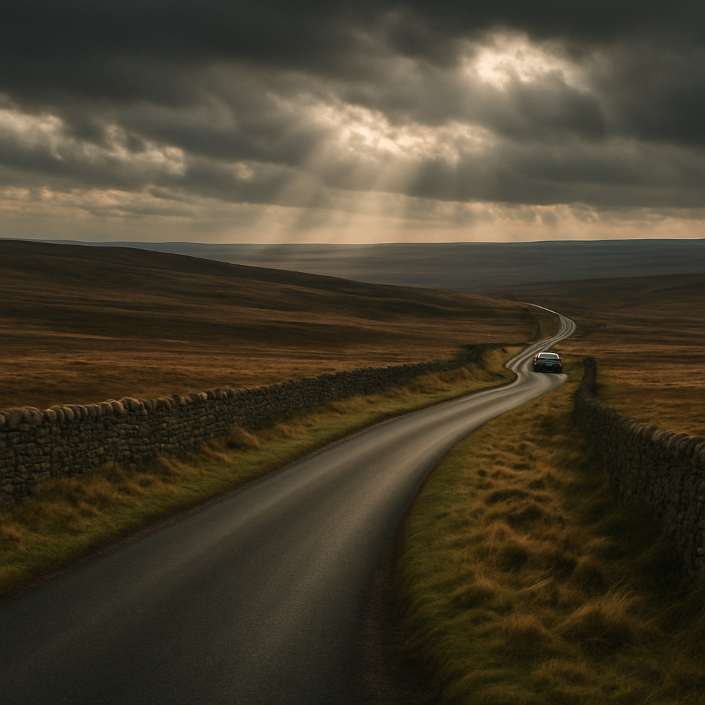 A sports car driving one of the best driving roads Yorkshire Dales has to offer across open moorland