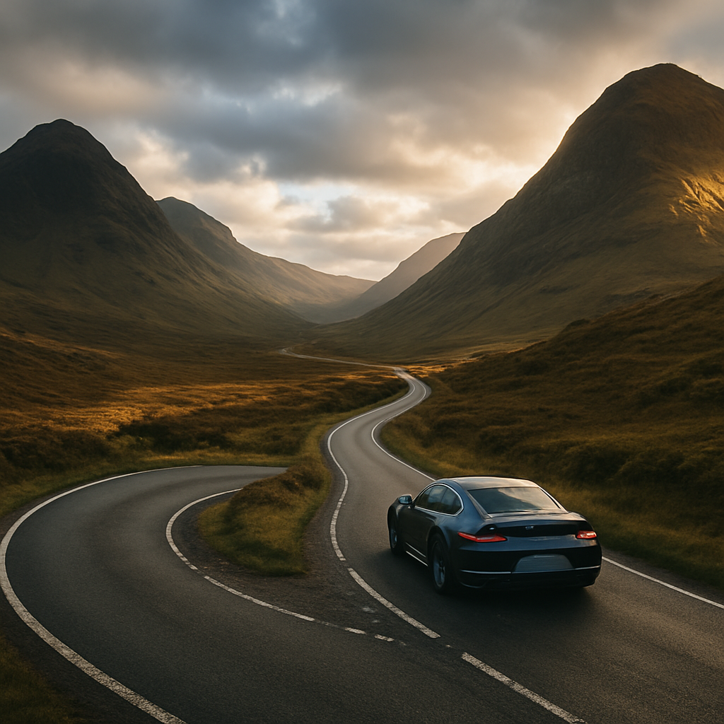 A sports car navigating a winding highland road on a North Coast 500 road trip through the Scottish mountains