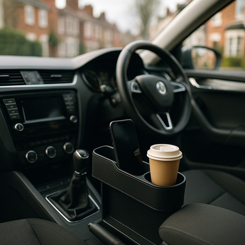 Best car centre console organiser UK fitted in a right-hand-drive car interior with phone and coffee cup