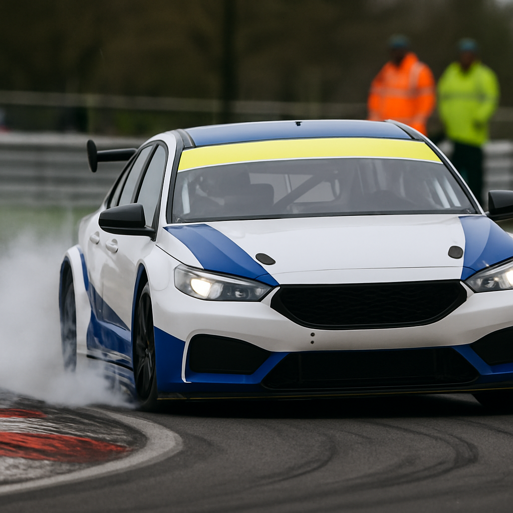 BTCC touring car cornering hard during UK motorsport events 2026 championship round