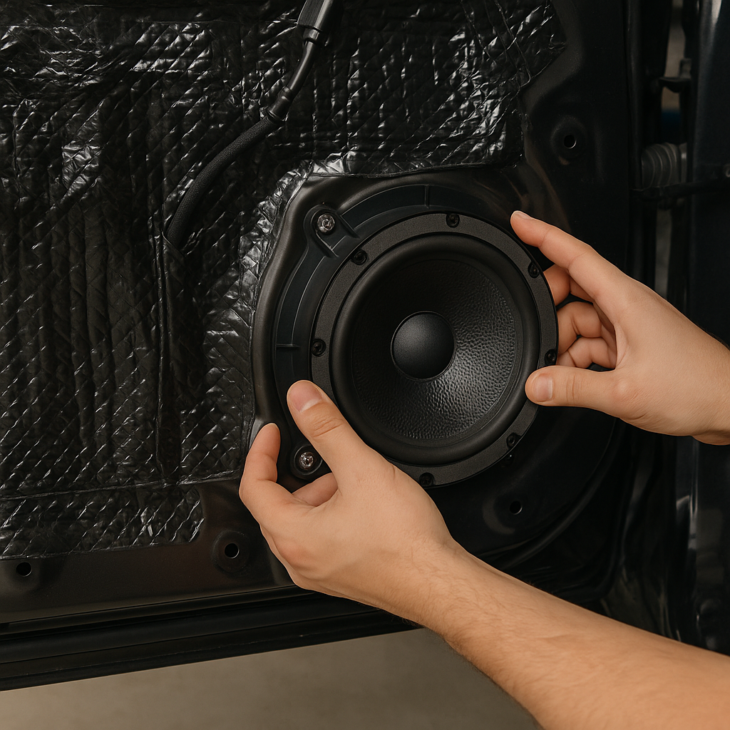 Car audio upgrade speaker installation with door deadening mat on inner door panel