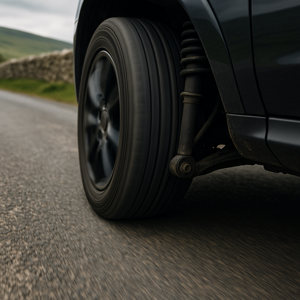 Car tyre detail on the best driving roads Yorkshire Dales B-road with stone wall background