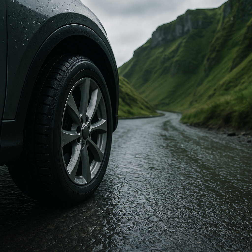 Car tyre on Winnats Pass limestone surface, a standout stretch on the best driving roads Peak District