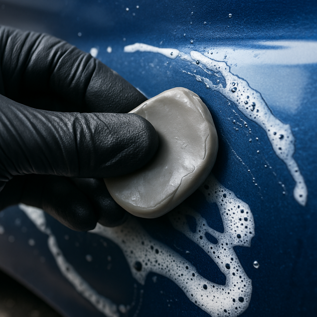 Clay bar being applied to car paintwork as part of a car detailing products routine