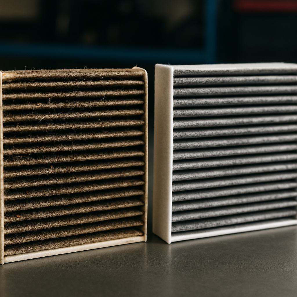 Close-up comparison of standard OEM and activated carbon cabin air filter upgrade options
