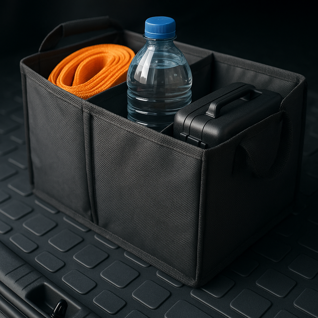 Close-up of a car boot organiser compartments showing best car boot organisers UK option