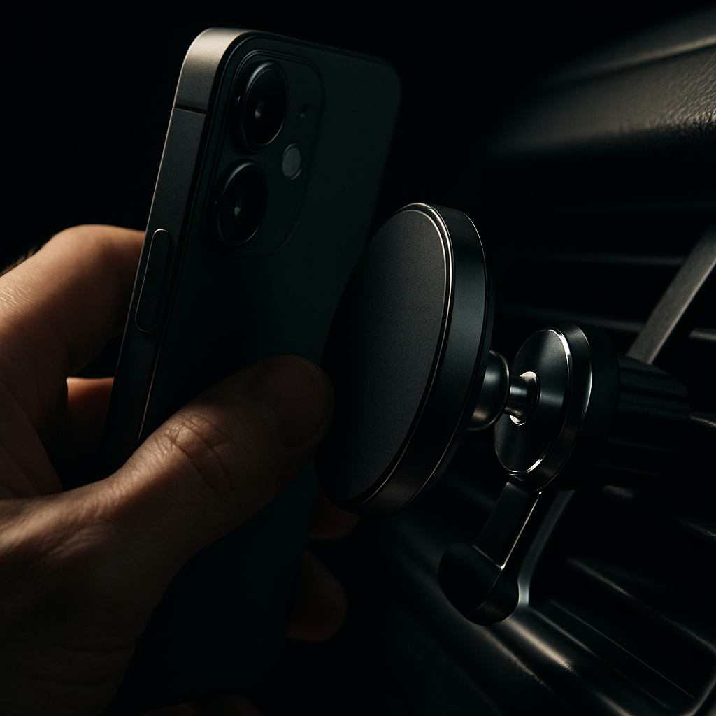 Close-up of a driver attaching a phone to the best car phone mount UK vent-style option with magnetic snap mechanism