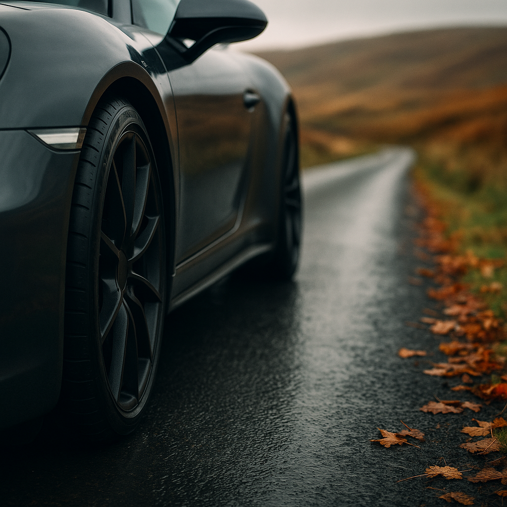 Close-up of car tyre on a narrow B-road during a Brecon Beacons driving route in autumn