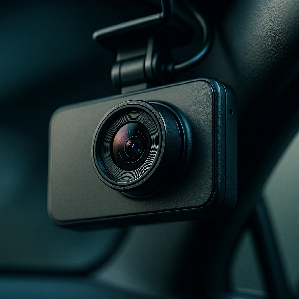Close-up of dash cam lens and mounting detail, best dash cams UK 2026