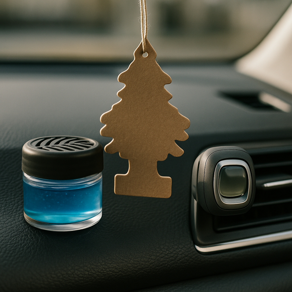 Close-up of gel, hanging and vent clip car air fresheners, comparing best car air fresheners 2026