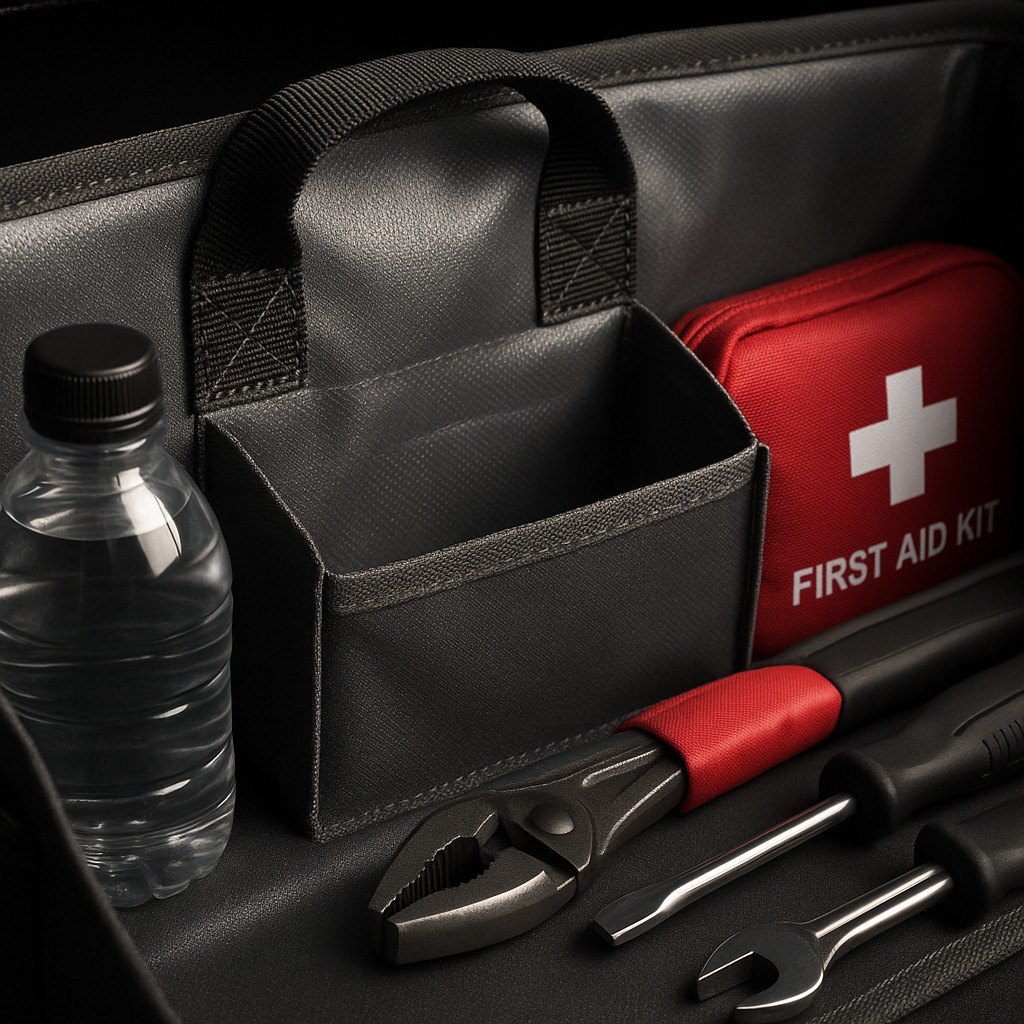 Close-up of reinforced stitching and waterproof lining inside a best car boot organiser UK product showing build quality detail