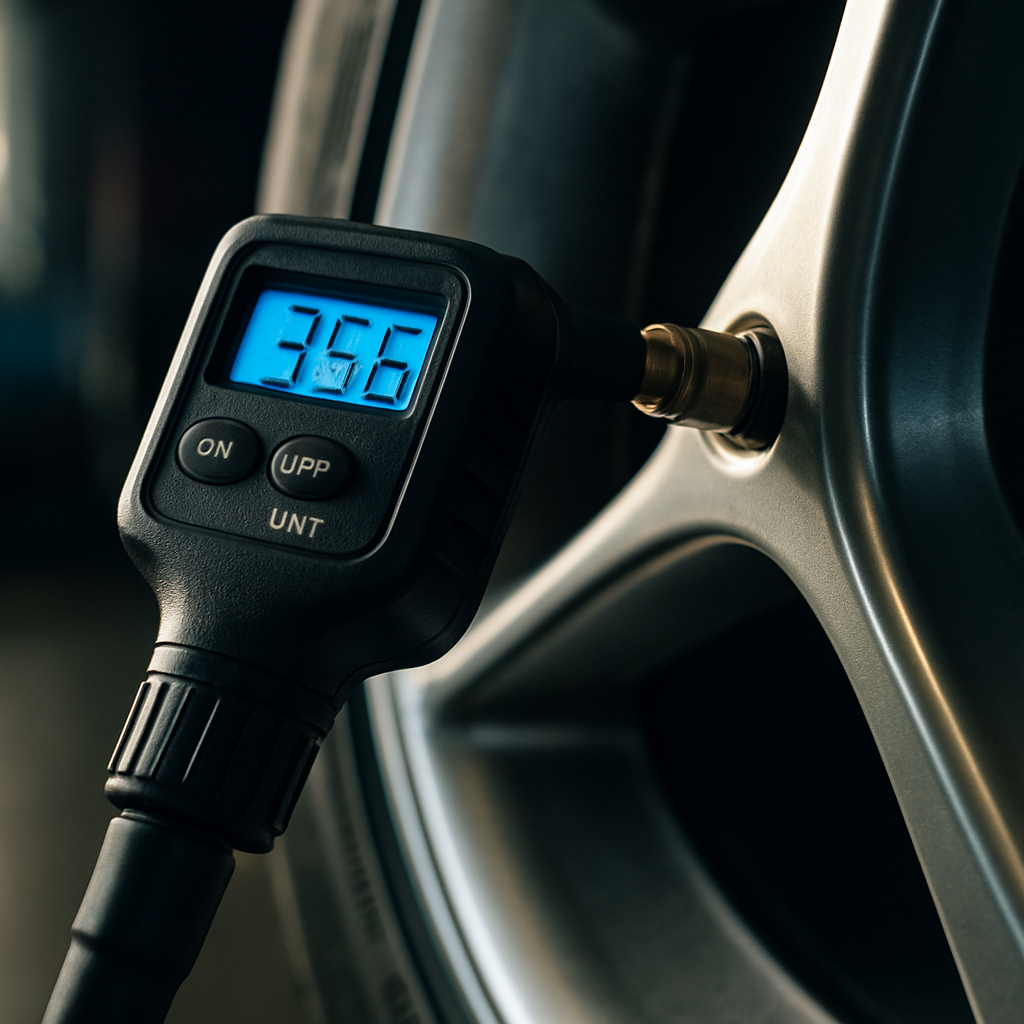 Close-up of tyre valve and pressure gauge illustrating correct car tyre pressure guide UK technique
