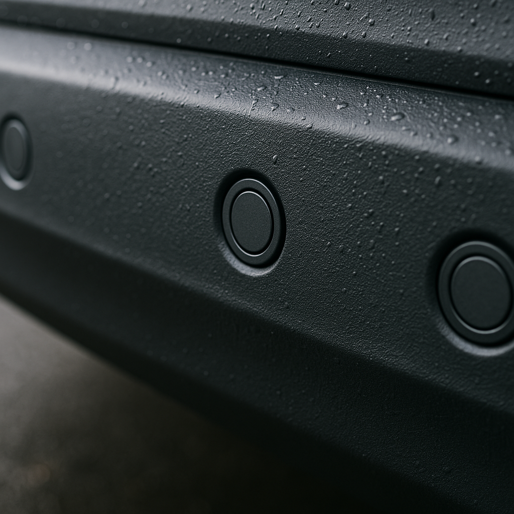 Close-up of ultrasonic aftermarket parking sensor kits mounted in a car rear bumper