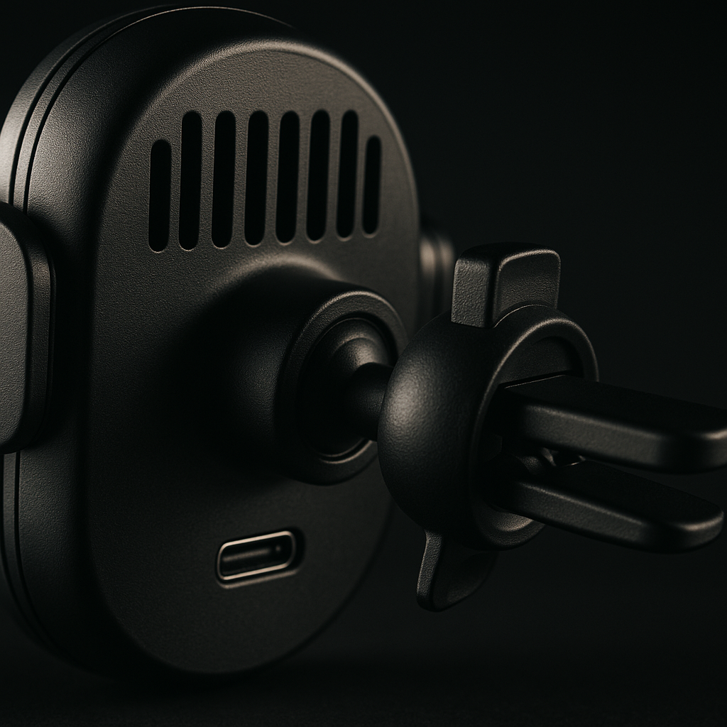 Close-up of wireless car charger thermal ventilation detail, key feature for best wireless car charger UK 2026