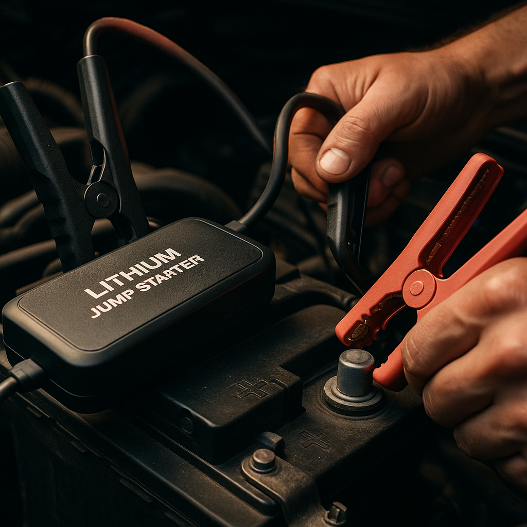 Compact lithium jump starter clamps connected to a car battery under a bonnet