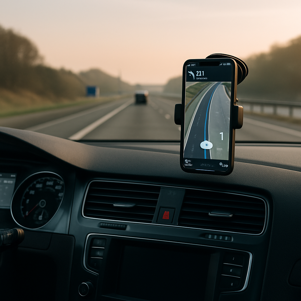 Different car phone mount types shown on a windscreen mount with navigation open on a UK motorway