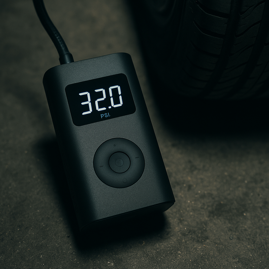 Digital display on a portable tyre inflator showing accurate PSI reading beside a car tyre