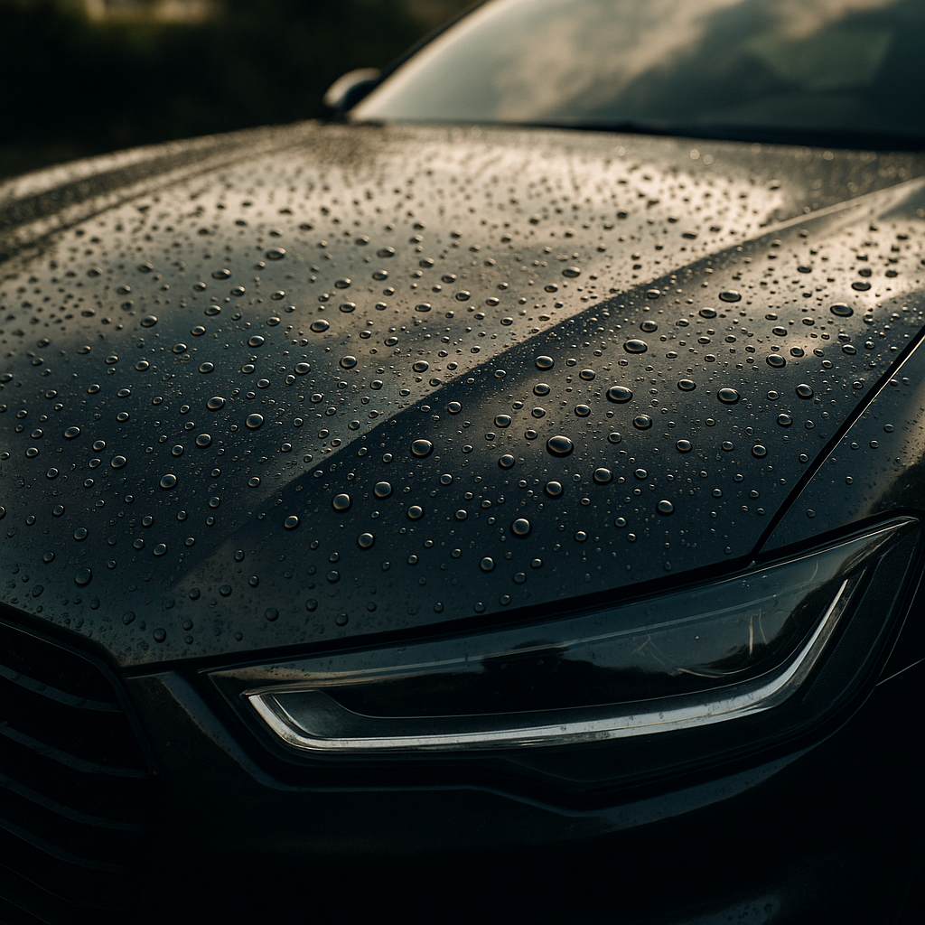 Water beading on a dark sports car bonnet showing the effect of ceramic coating for cars