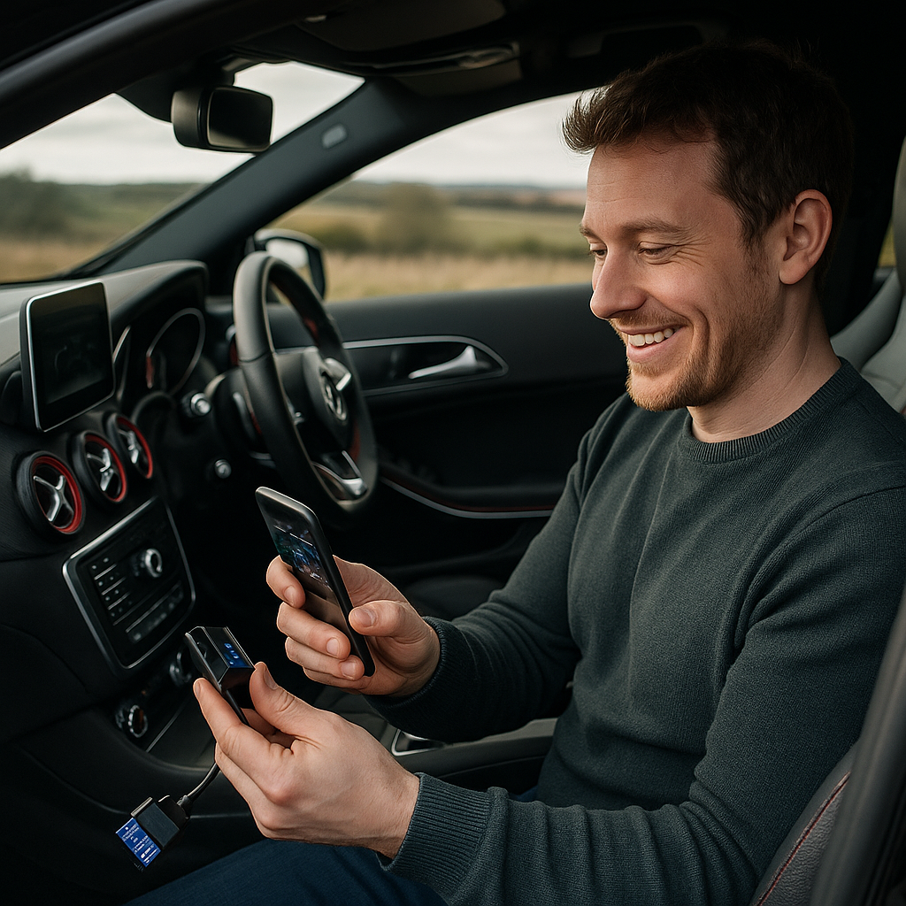 Driver in a modern performance car checking live data from OBD2 Bluetooth scanners on a smartphone