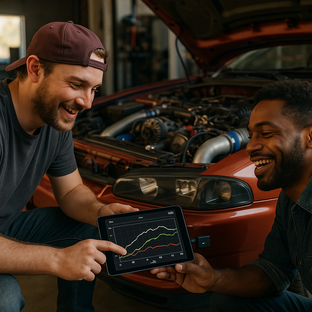 Car enthusiasts analysing performance data from OBD2 Bluetooth scanners in a garage
