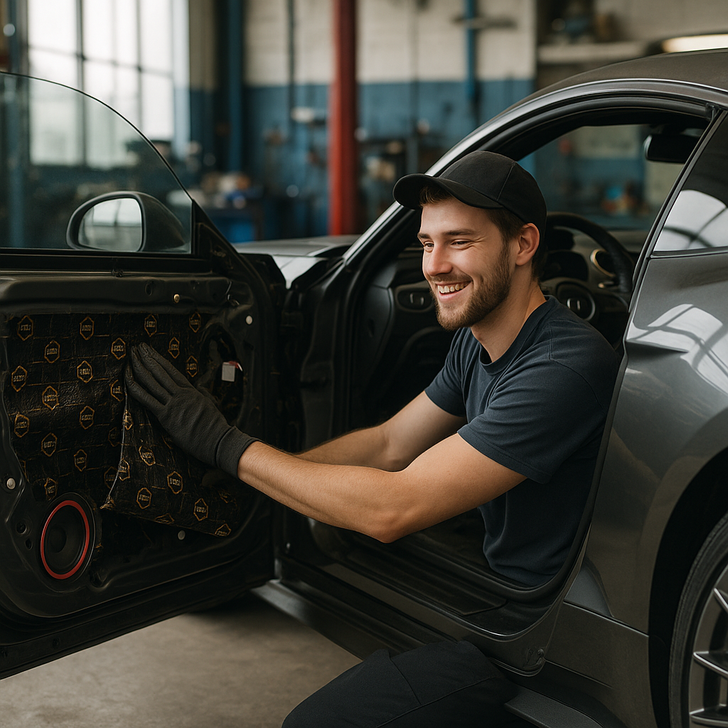 Technician applying material inside a car door as part of car sound deadening upgrade