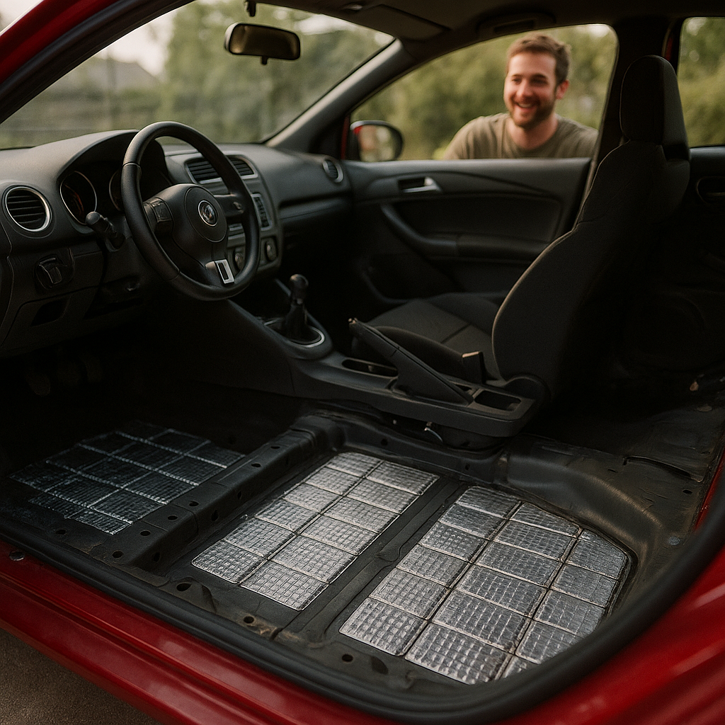 Modified hot hatch interior stripped to reveal floorpan treated with car sound deadening materials