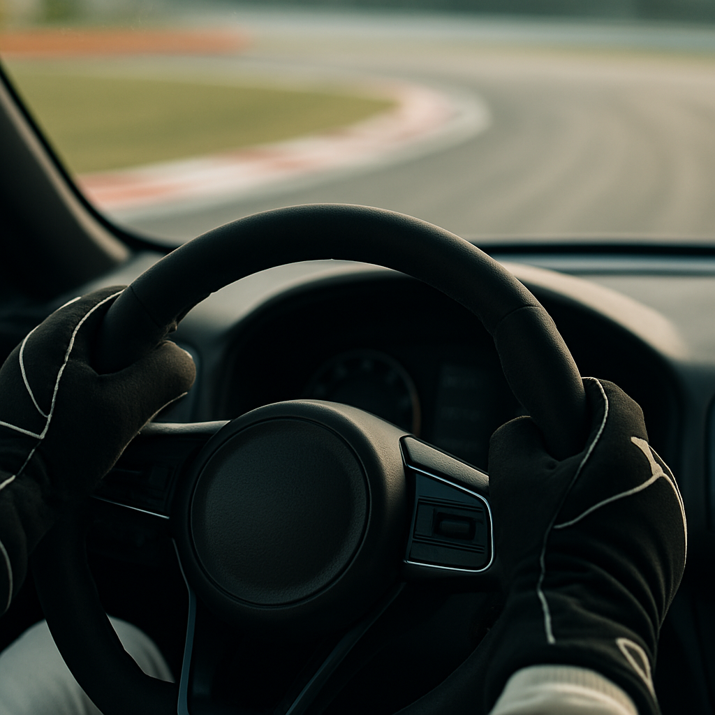 Driver gripping steering wheel on track, illustrating key track day tips for beginners in the UK