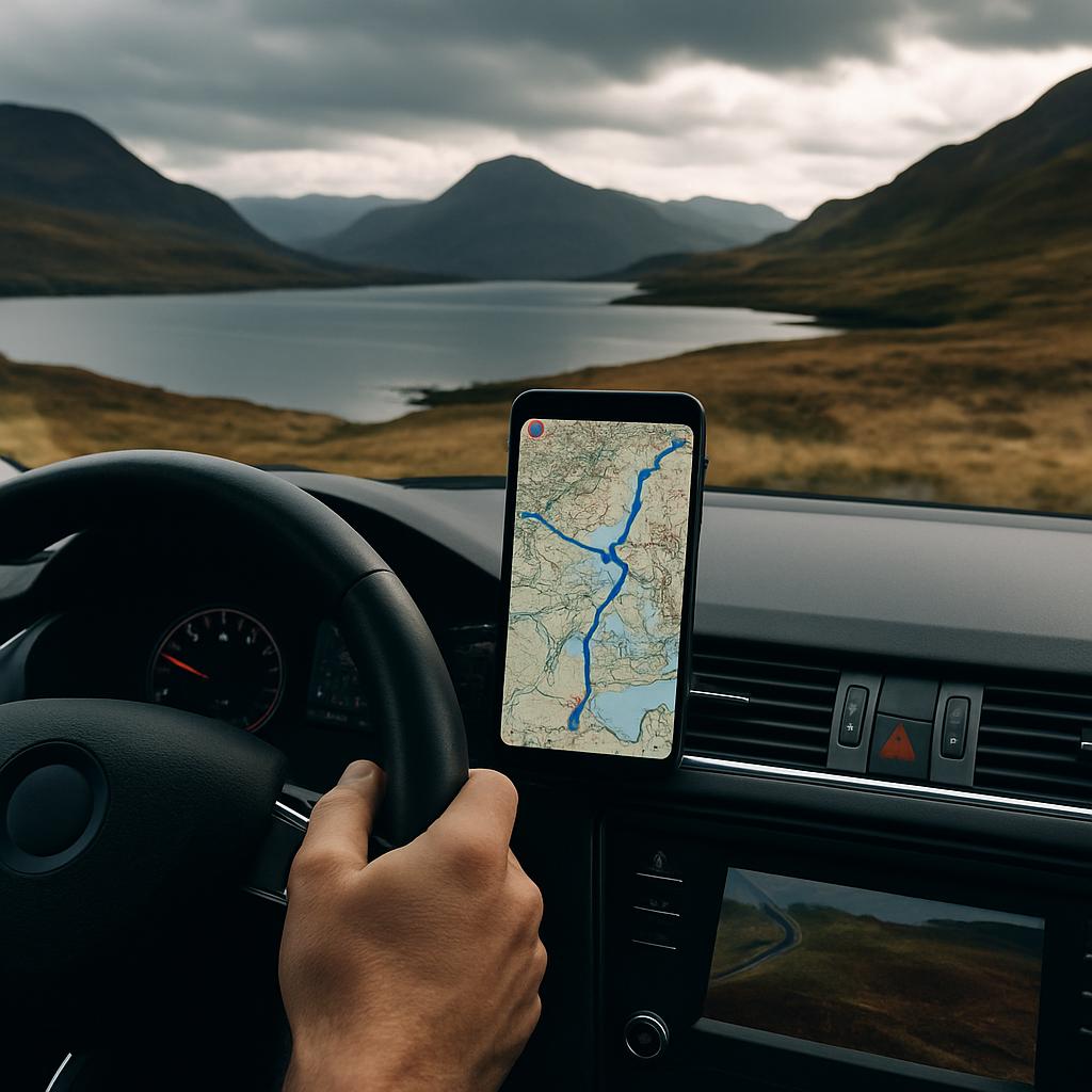 Driver navigating a North Coast 500 road trip route on a dashboard-mounted phone showing Scottish highland maps