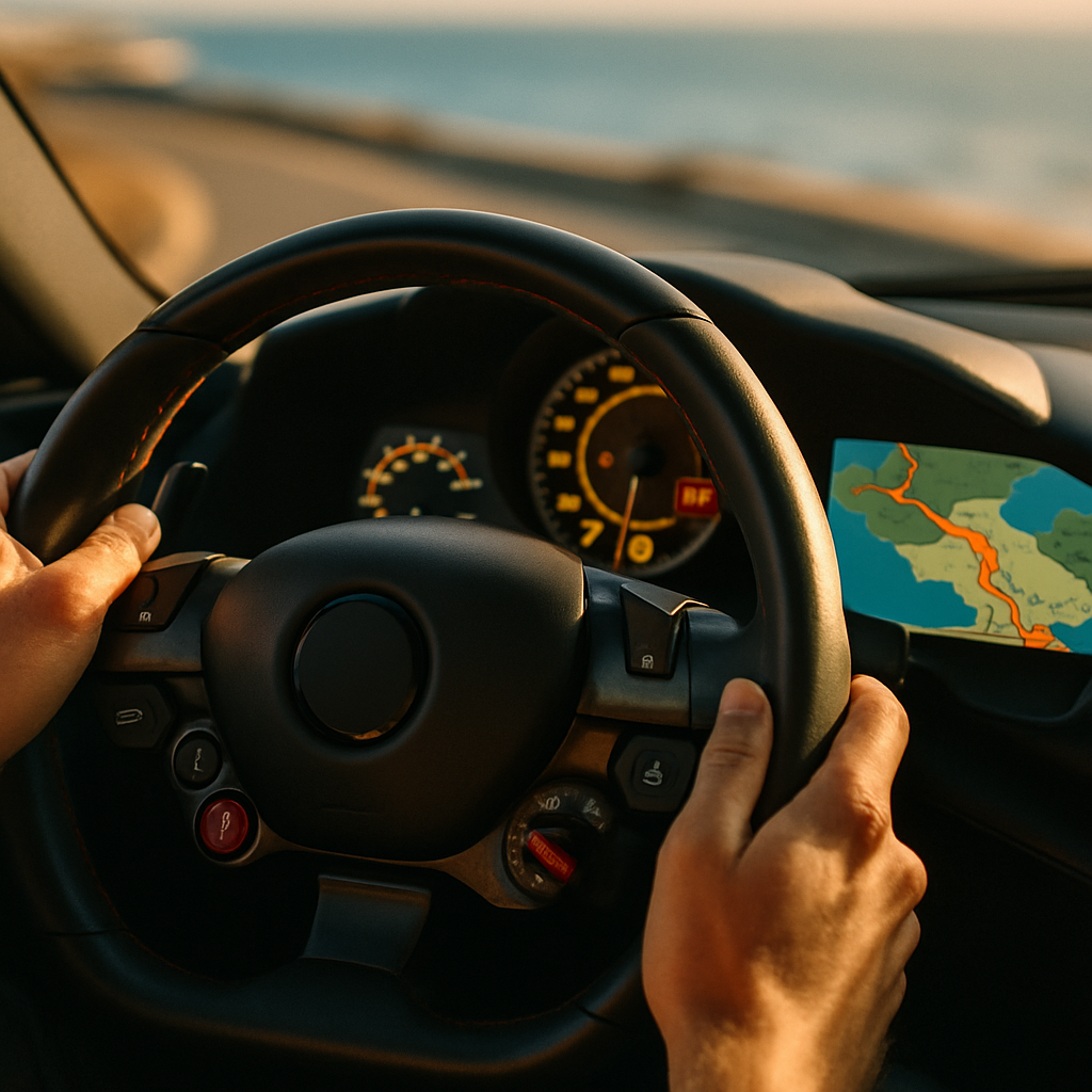 Driver's perspective on the North Yorkshire driving route with navigation and coastal road ahead