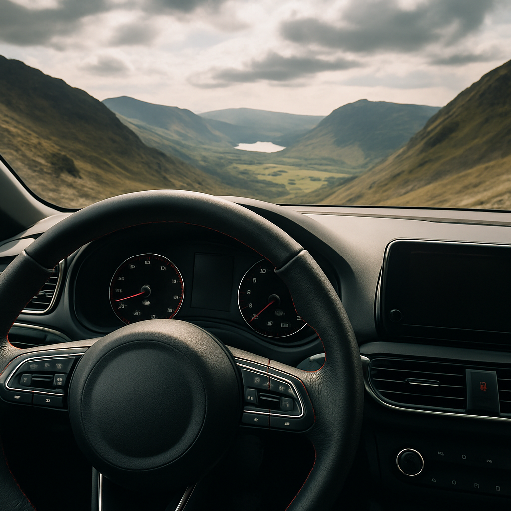 Driver's view from inside a car on Lake District driving routes for enthusiasts at a fell summit