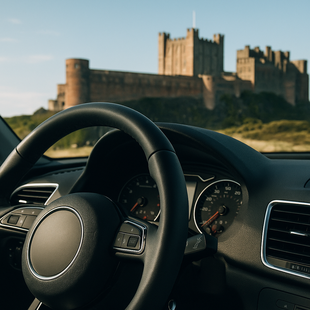 Driver's view through windscreen of Bamburgh Castle on the Northumberland coastal driving route in England