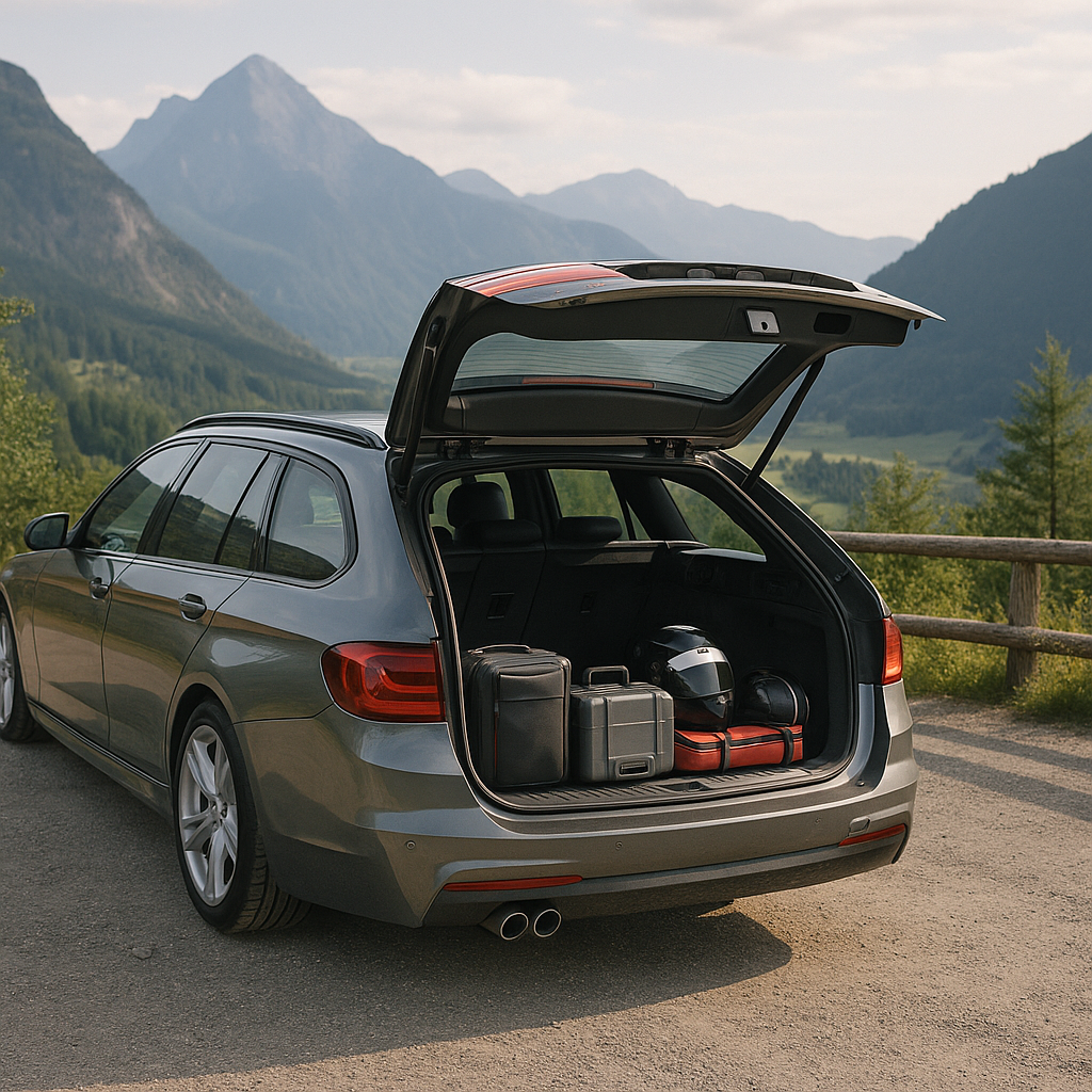 Touring estate car on a mountain road with organised luggage and tools demonstrating car boot storage ideas