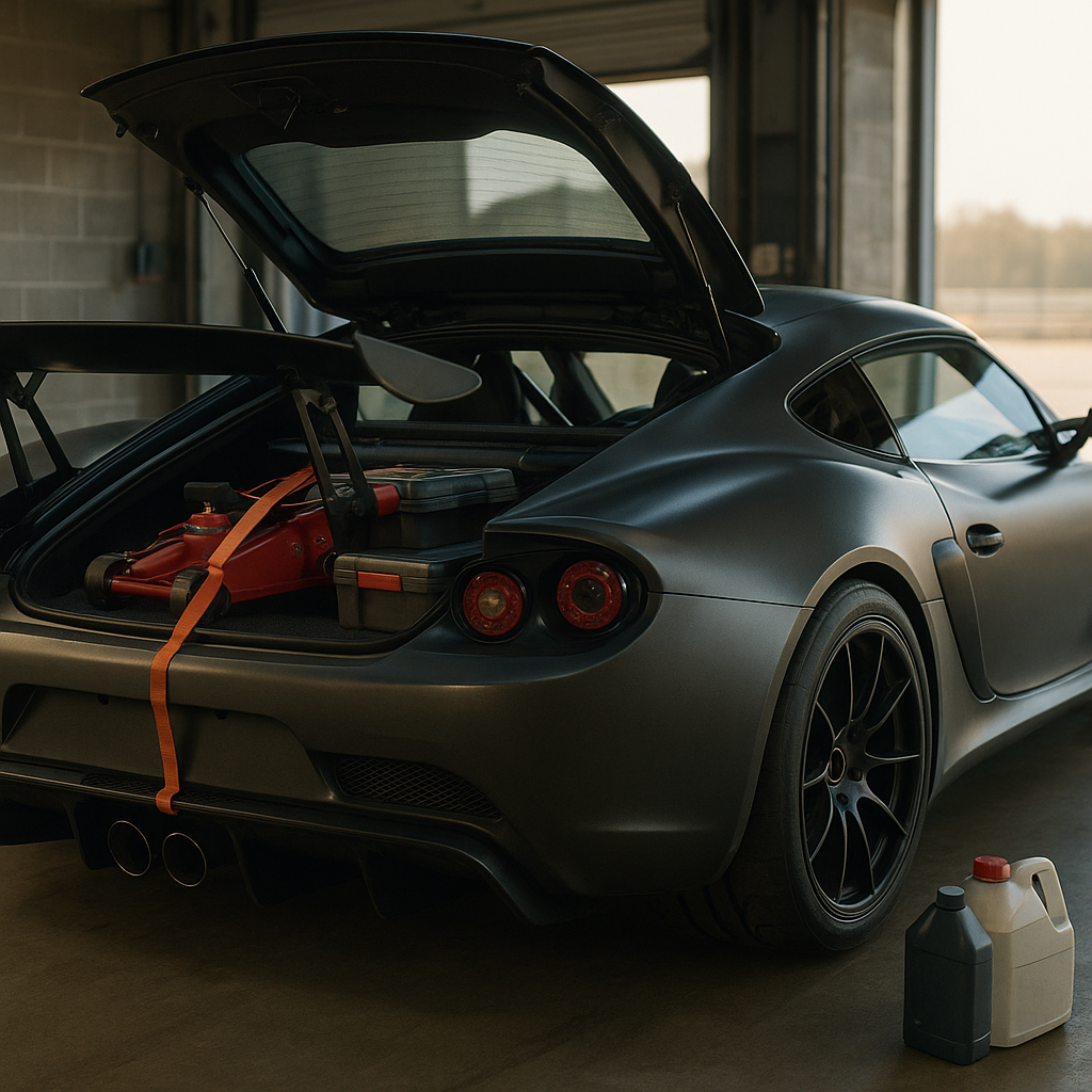 Track car in a garage with secured jack and tools in the boot illustrating car boot storage ideas