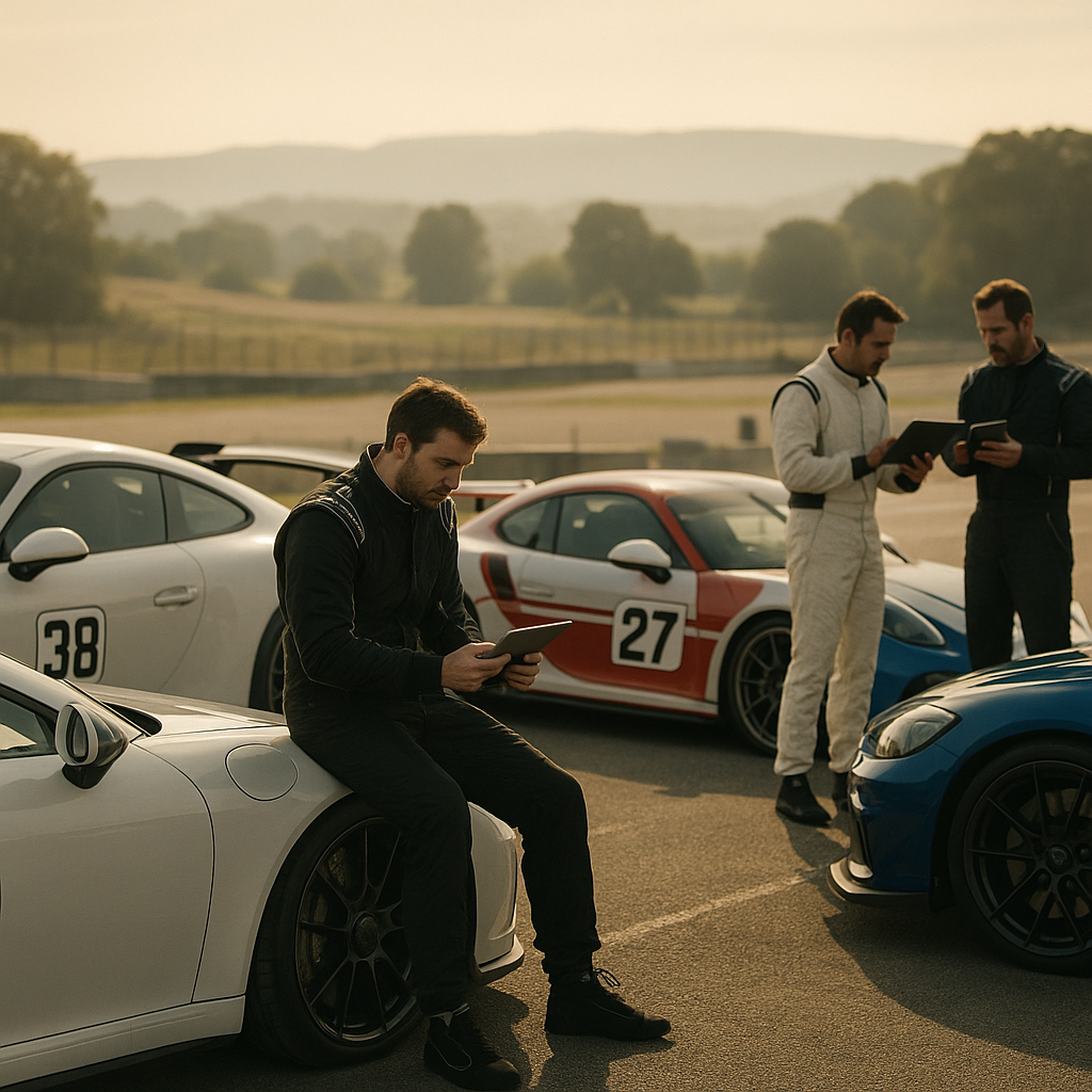 Drivers in paddock reviewing lap data to improve your track day experience