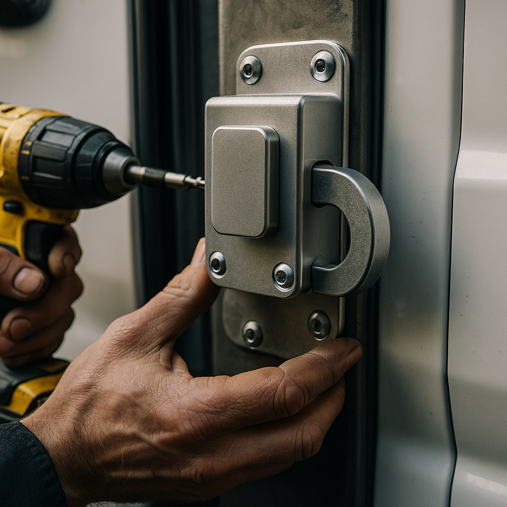 Technician installing hook lock as part of van security upgrades on a side loading door