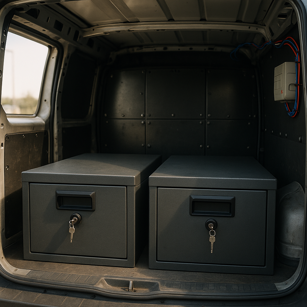 Van load area with tool vaults and reinforced doors demonstrating layered van security upgrades