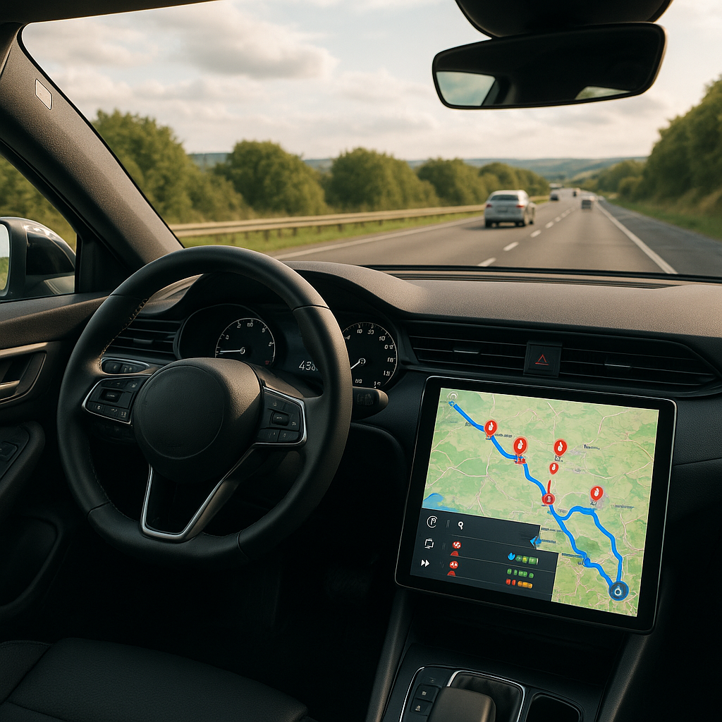 Driver using in car navigation to plan stops on UK EV charging networks during a road trip