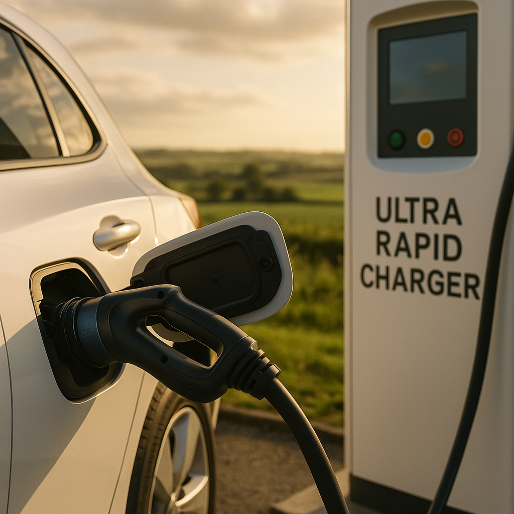 Electric car connected to an ultra rapid charger that is part of UK EV charging networks