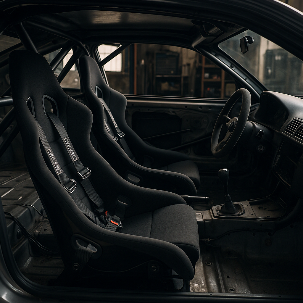 Track car interior showing installed bucket seats and harnesses in a workshop setting