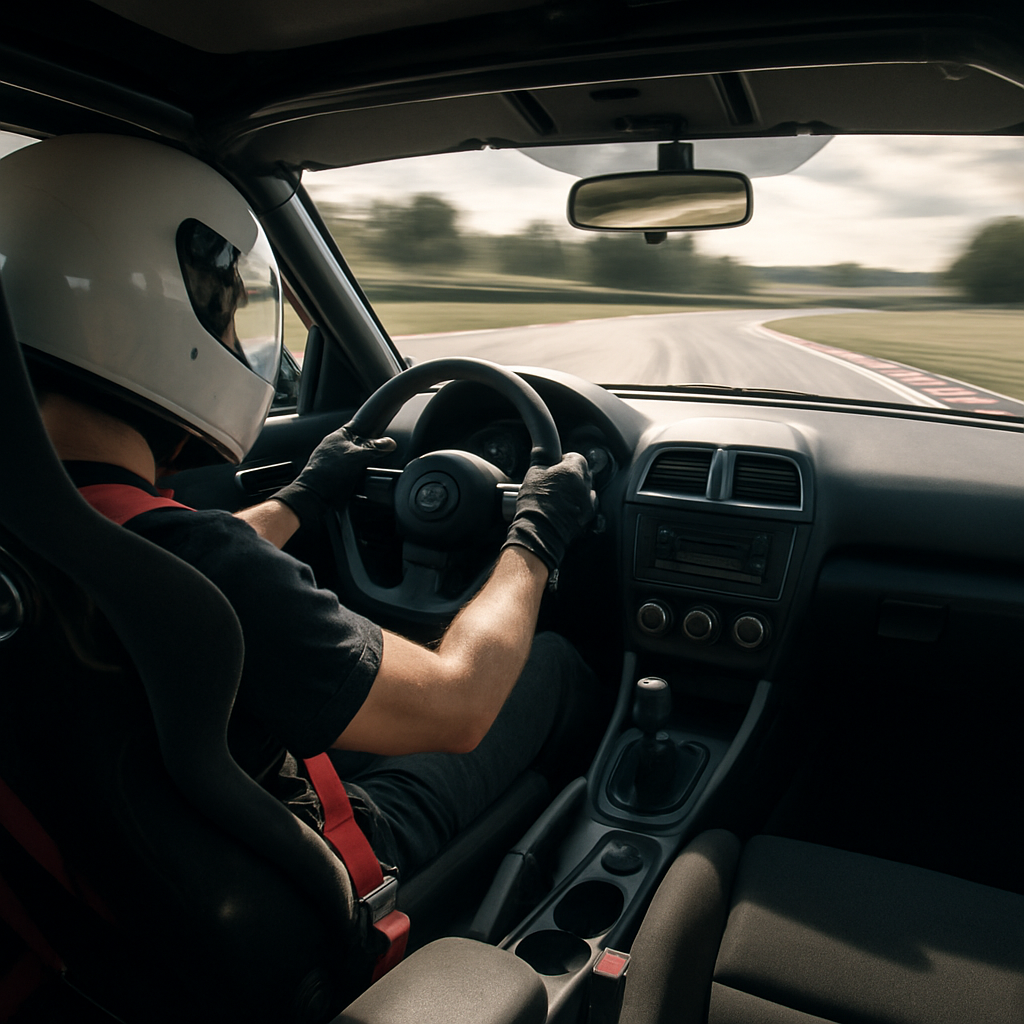 Driver secured in bucket seats and harnesses while cornering on a race track
