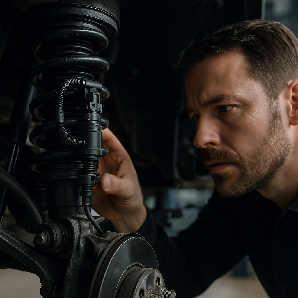 Mechanic examining an adaptive damper from a car equipped with Continuous Damping Control