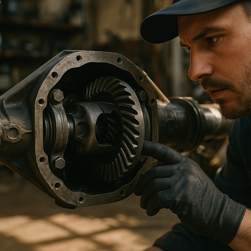 Mechanic inspecting heavy duty differential components as part of a bulletproof 4x4 drivetrain upgrade