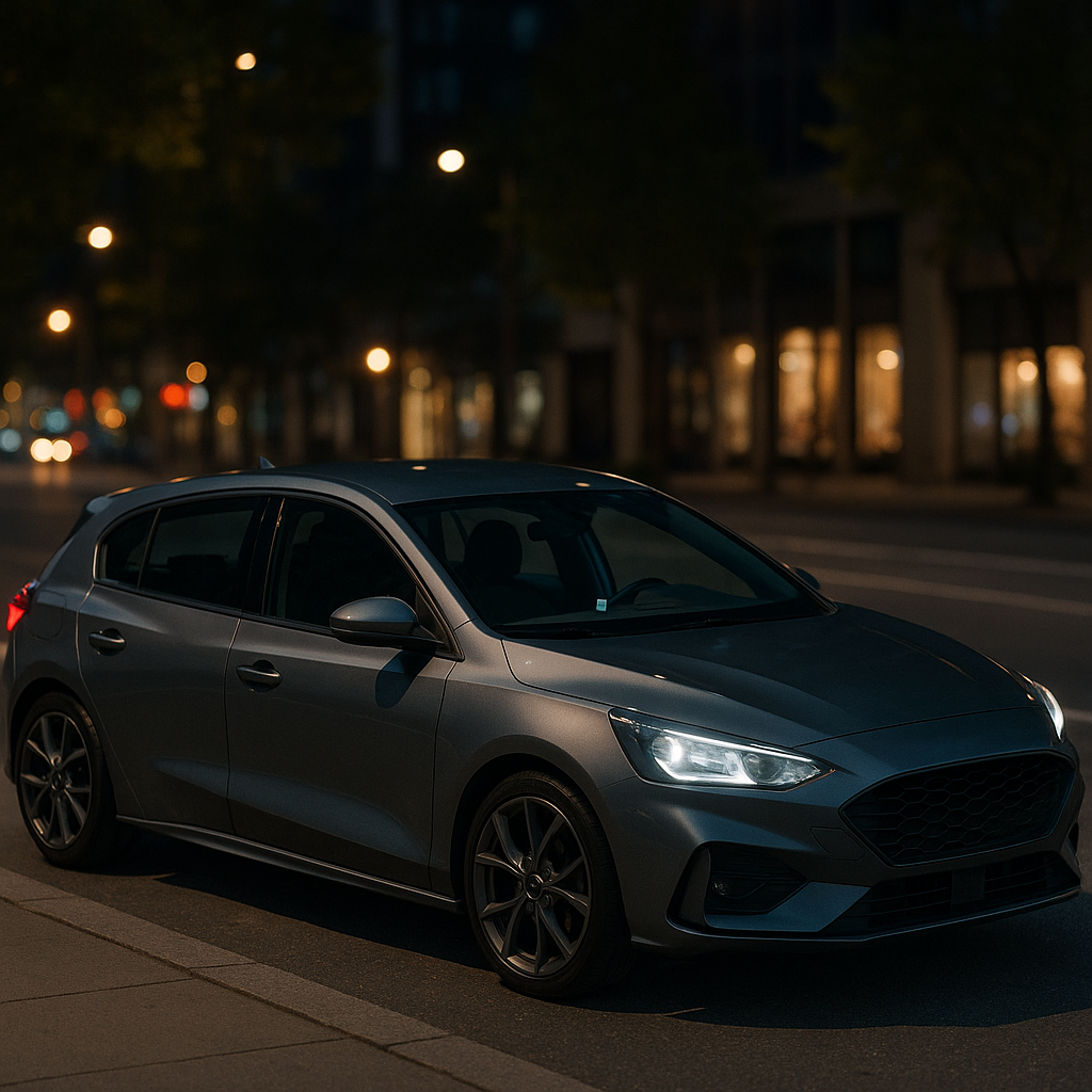 Modern hot hatch on a city street at night fitted with a GSM car tracker for security