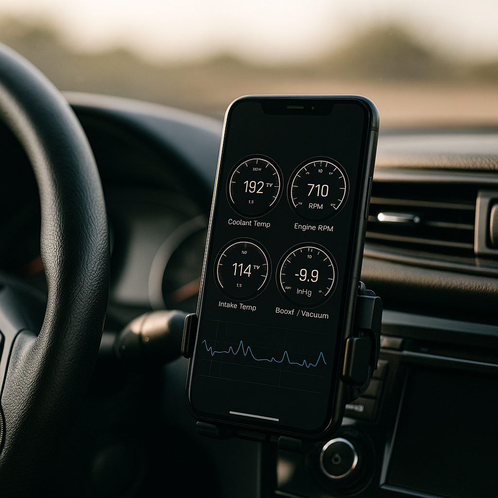 Smartphone displaying live data connected to an OBD2 scanner Bluetooth dongle