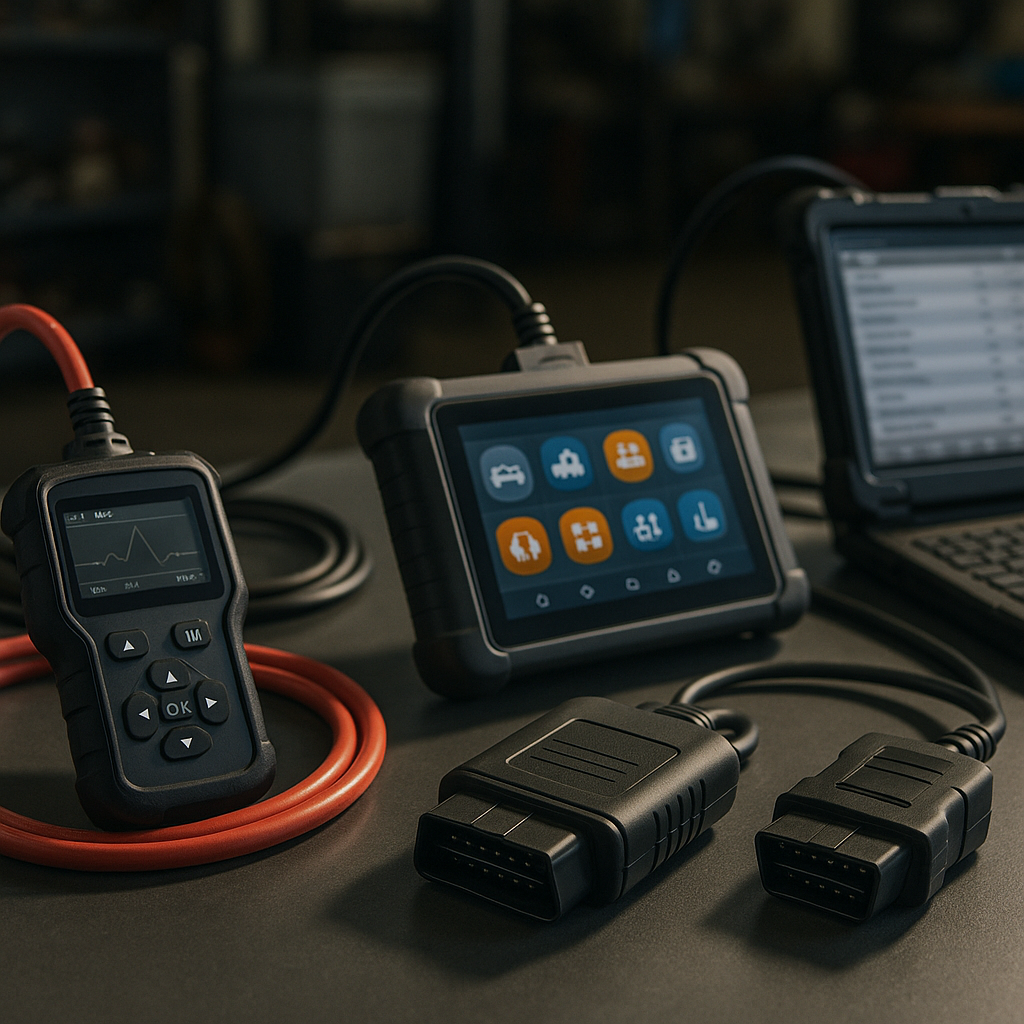 Professional OBD2 scanner tools arranged on an automotive workshop workbench