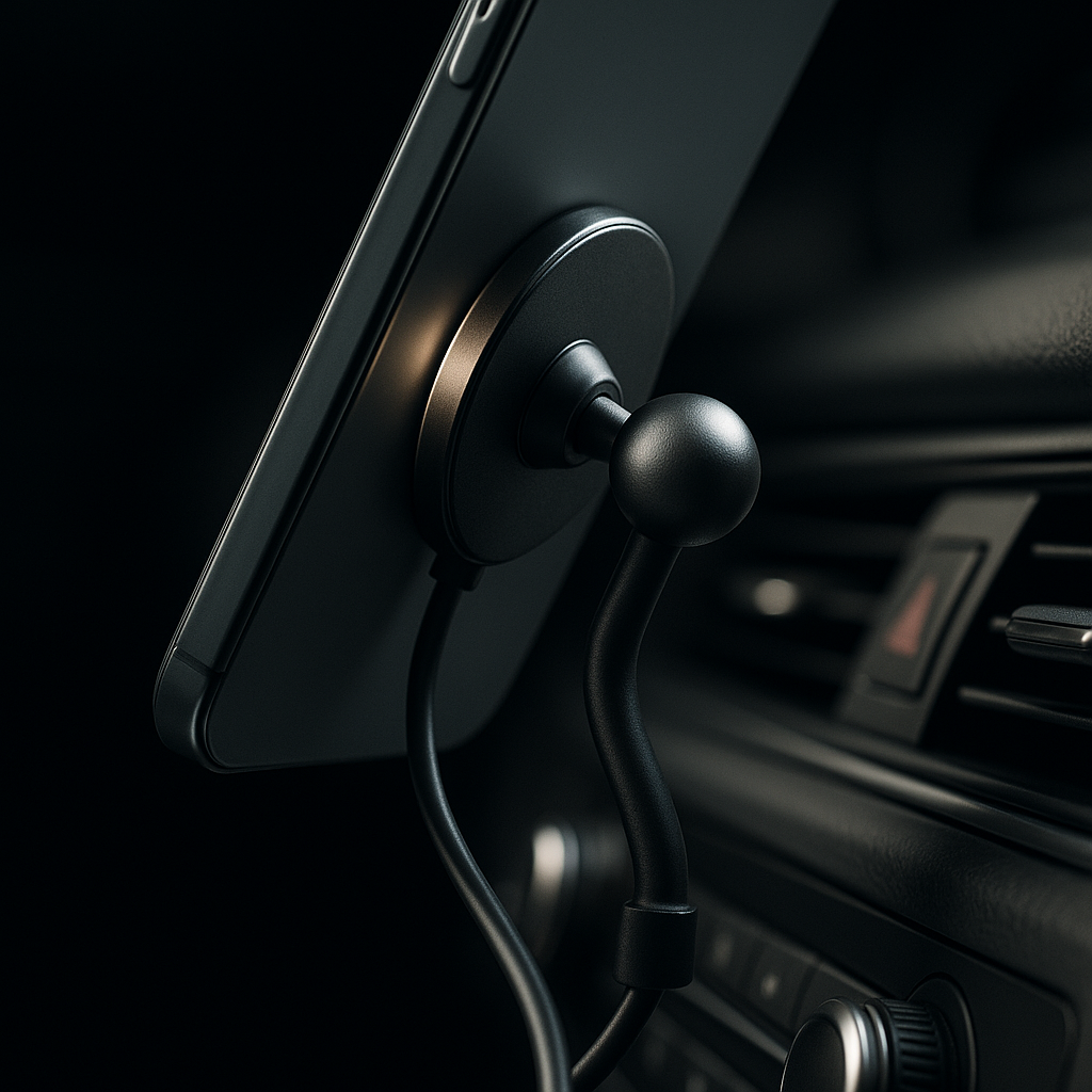 Magnetic car phone mount type close-up showing CD slot attachment in a car interior