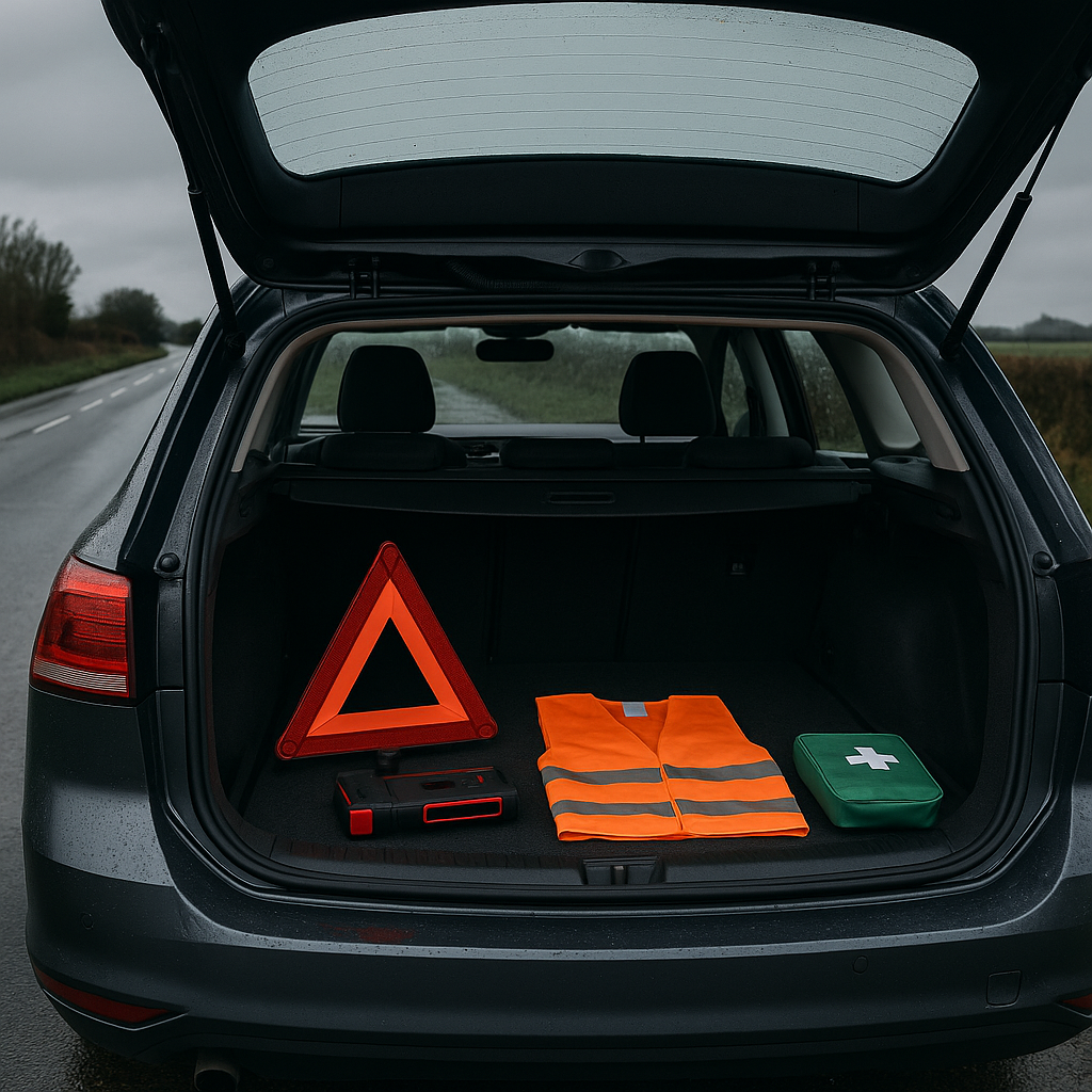 Organised car emergency kit UK contents laid out in a car boot on a wet British road
