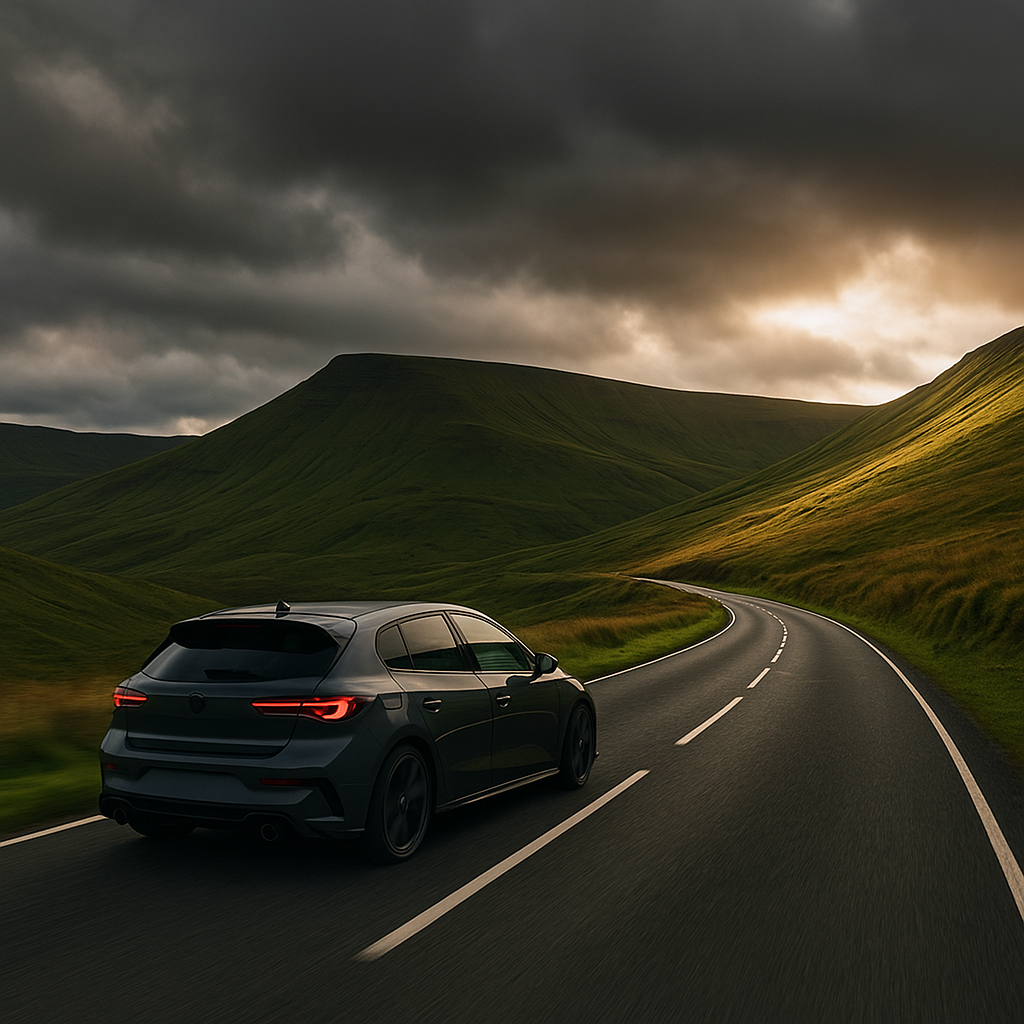 Performance car climbing the A470 on a Brecon Beacons driving route through South Wales mountains