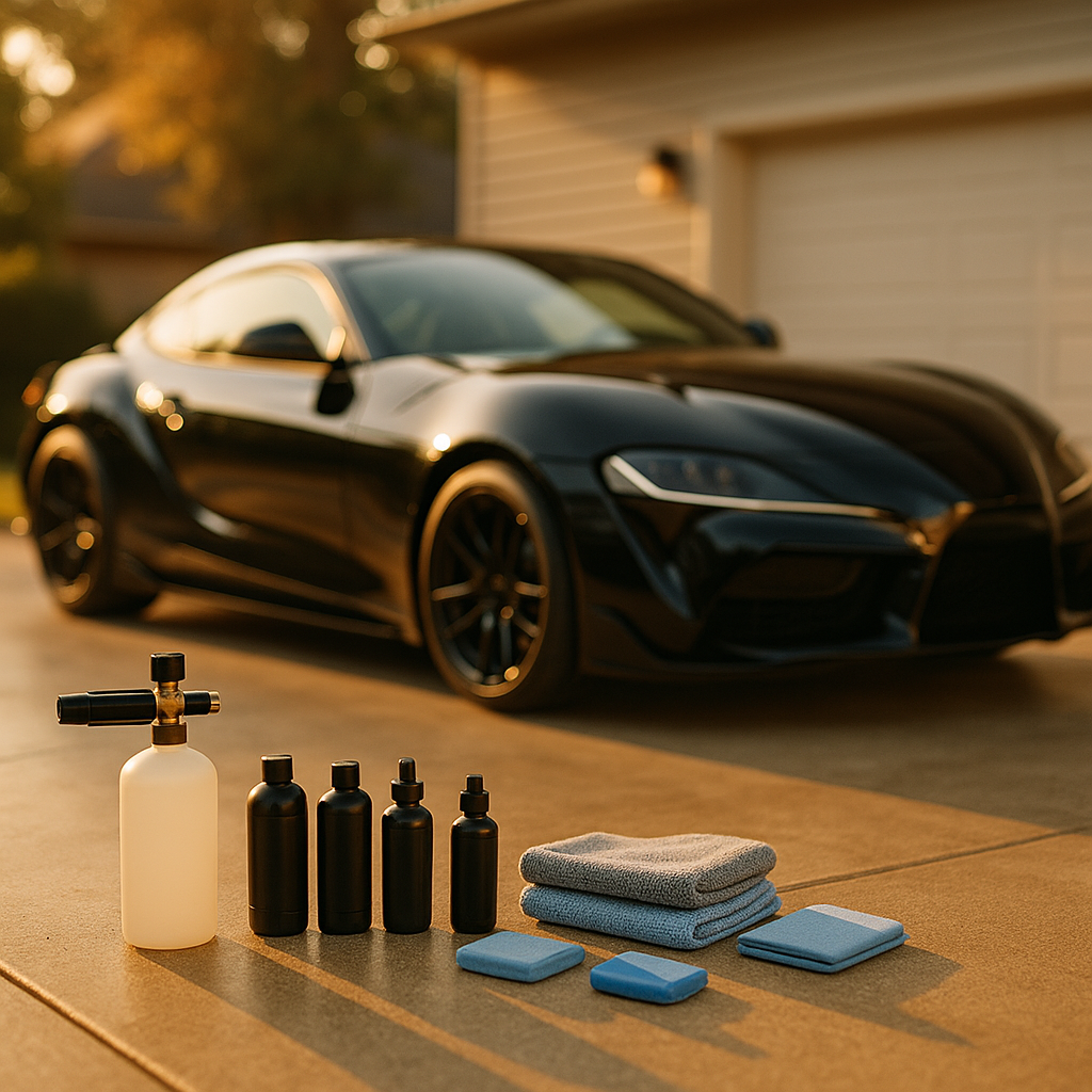 Professional car detailing products arranged beside a gleaming black sports car in golden hour light